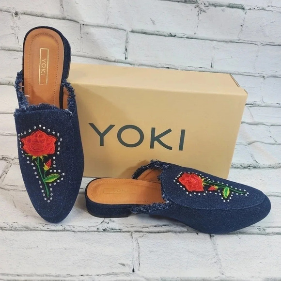 YOKI Willas 71 DARK DENIM Low Heal Slip On Embroidery Rose Beauty Beast Shoes - Picture 14 of 14